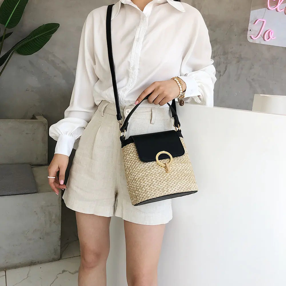 Chic Summer Straw Bucket Bag - Versatile Crossbody Elegance