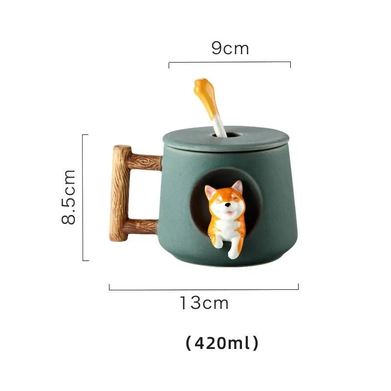 Charming Shiba Inu Ceramic Mug Set with Lids & Spoons