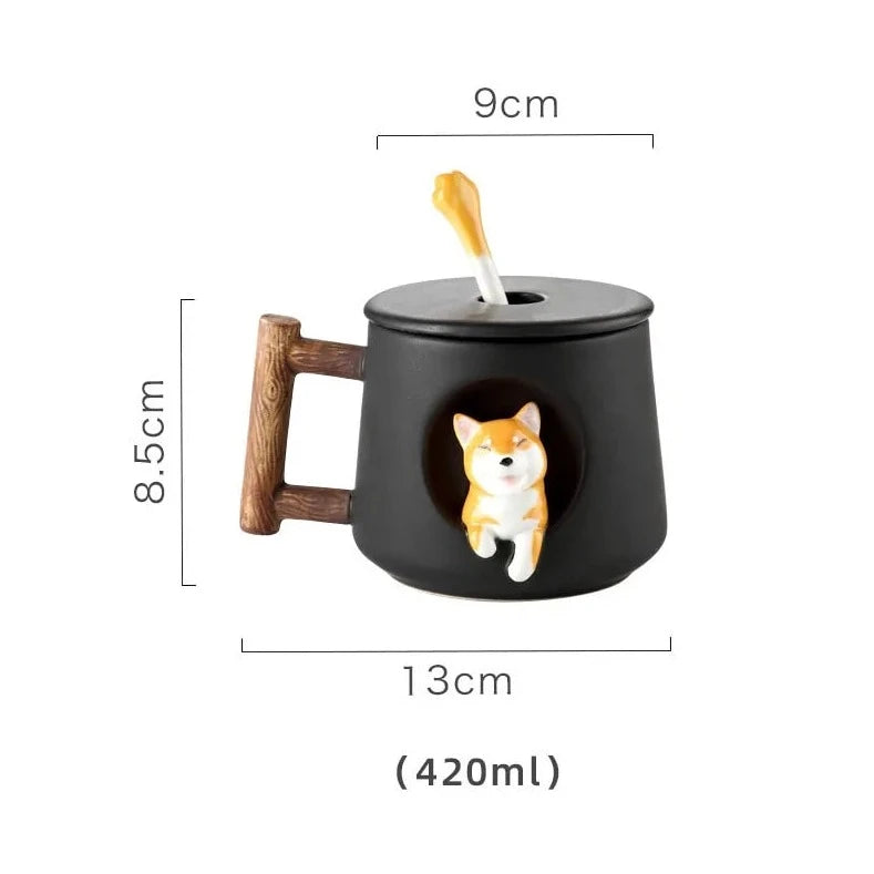 Charming Shiba Inu Ceramic Mug Set with Lids & Spoons