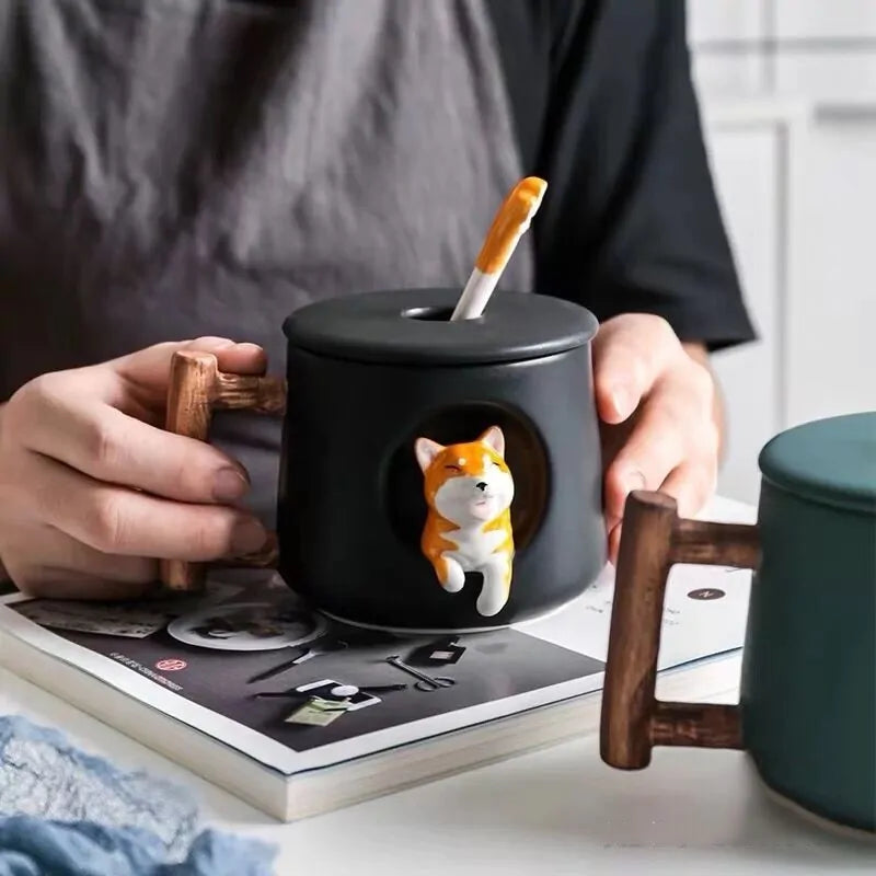 Charming Shiba Inu Ceramic Mug Set with Lids & Spoons