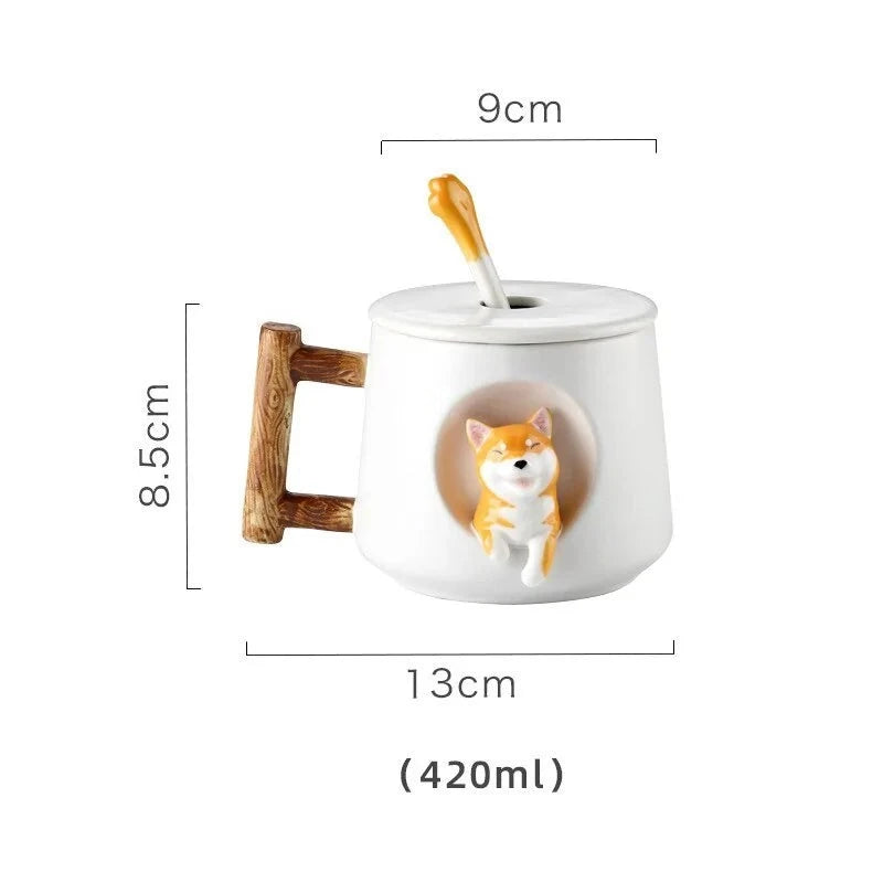 Charming Shiba Inu Ceramic Mug Set with Lids & Spoons