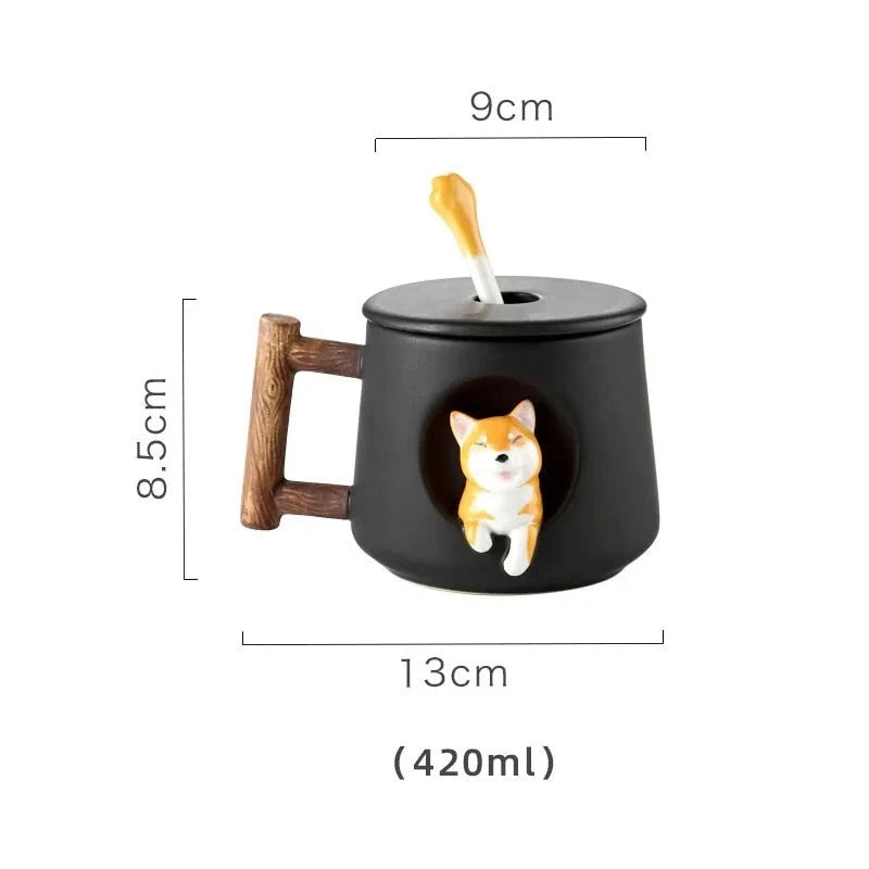 Charming Shiba Inu Ceramic Mug Set with Lids & Spoons