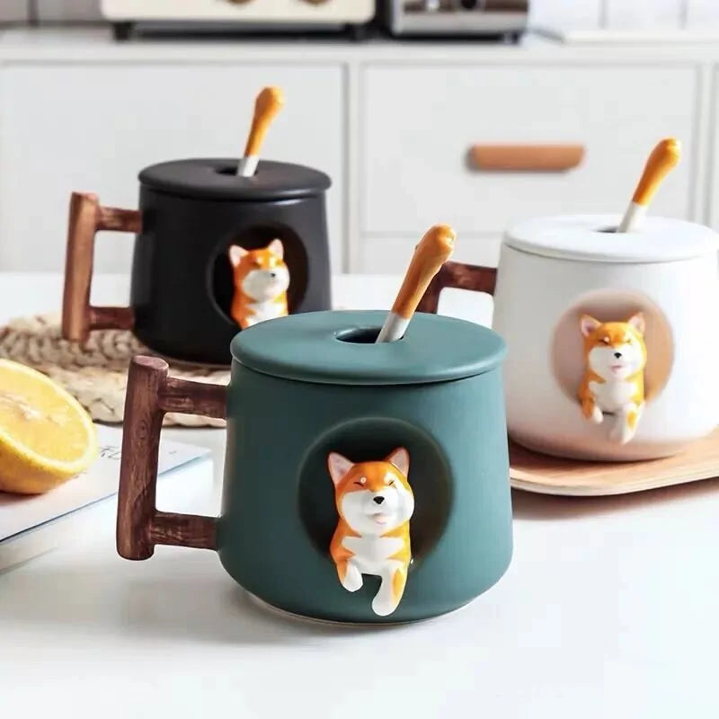 Charming Shiba Inu Ceramic Mug Set with Lids & Spoons