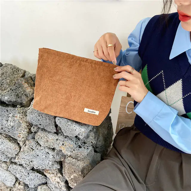 Chic Corduroy Cosmetic Bag for Travel Enthusiasts