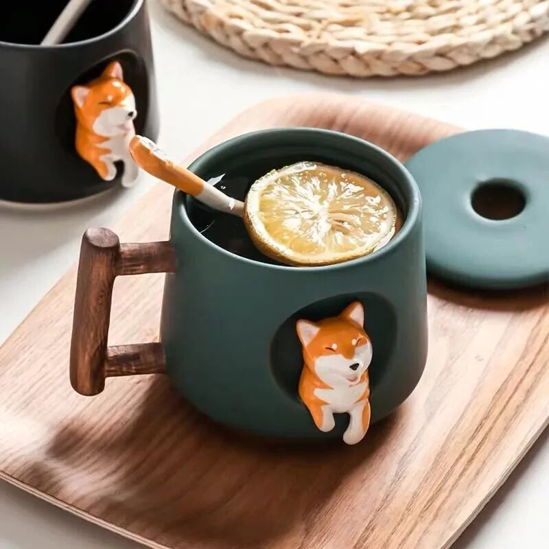 Charming Shiba Inu Ceramic Mug Set with Lids & Spoons