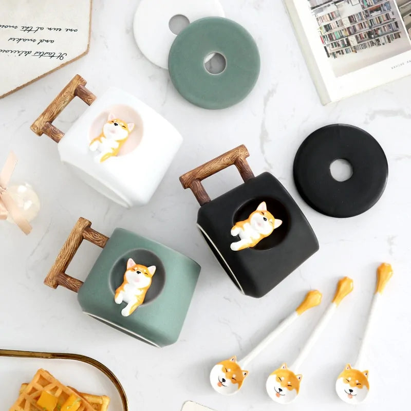 Charming Shiba Inu Ceramic Mug Set with Lids & Spoons